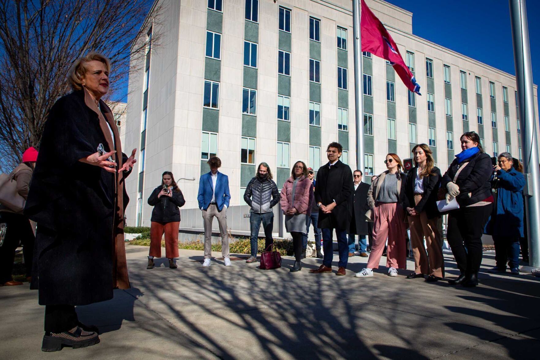State Sen. Heidi Campbell speaks at Legislative Plaza, Jan. 14, 2025